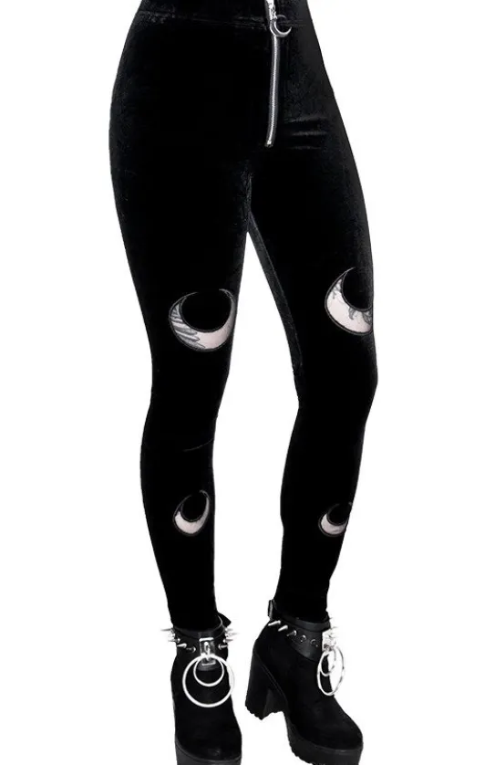 DOUBLE CRESCENT VELVET LEGGINGS, czarne gotyckie legginsy z półksiężycem-Restyle Discount