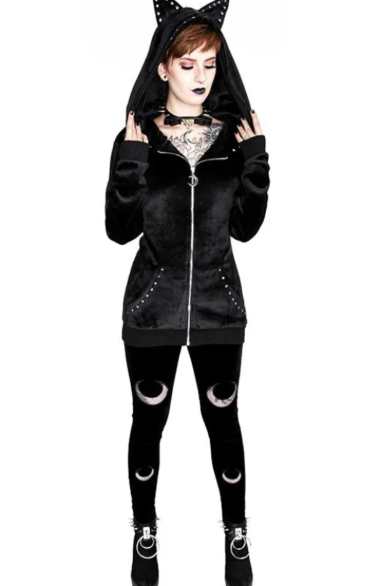 DOUBLE CRESCENT VELVET LEGGINGS, czarne gotyckie legginsy z półksiężycem-Restyle Discount