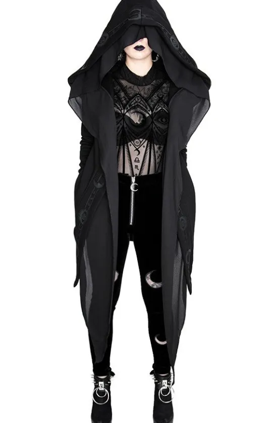 DOUBLE CRESCENT VELVET LEGGINGS, czarne gotyckie legginsy z półksiężycem-Restyle Discount