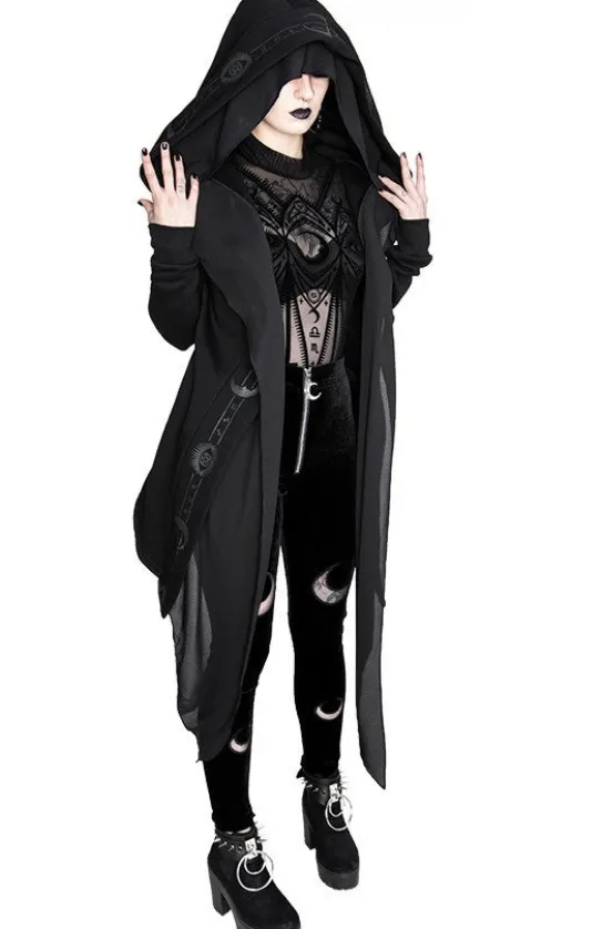 DOUBLE CRESCENT VELVET LEGGINGS, czarne gotyckie legginsy z półksiężycem-Restyle Discount
