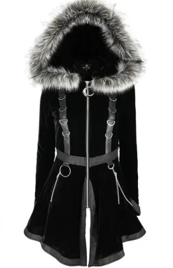 D-ring Coat Gray Czarny Zimowy płaszcz z kapturem ze srebrnym futrem-Restyle Sale