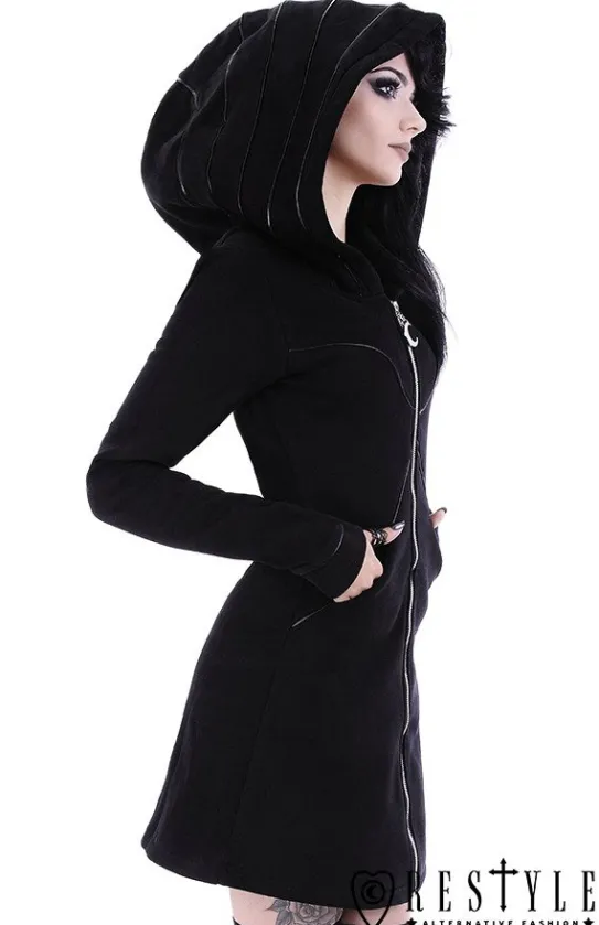Długa czarna bluza z obszernym kapturem, księżyc, płaszczyk "LAYERED HOODIE"-Restyle Discount
