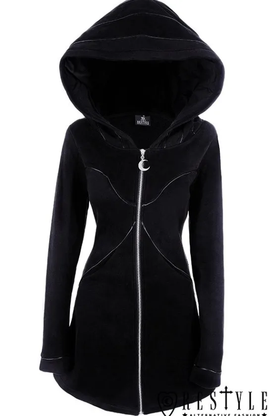 Długa czarna bluza z obszernym kapturem, księżyc, płaszczyk "LAYERED HOODIE"-Restyle Discount