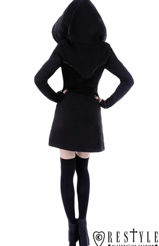 Długa czarna bluza z obszernym kapturem, księżyc, płaszczyk "LAYERED HOODIE"-Restyle Discount