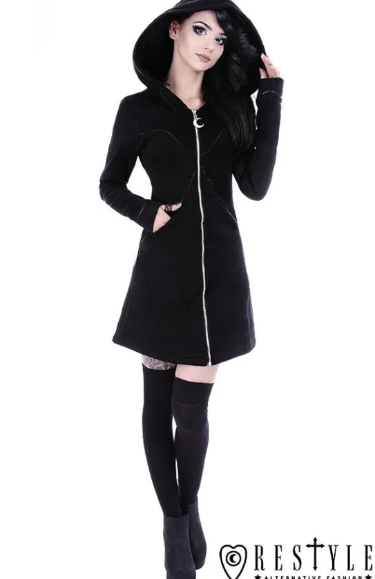 Długa czarna bluza z obszernym kapturem, księżyc, płaszczyk "LAYERED HOODIE"-Restyle Discount
