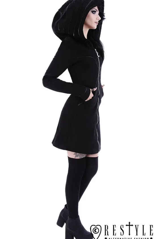 Długa czarna bluza z obszernym kapturem, księżyc, płaszczyk "LAYERED HOODIE"-Restyle Discount