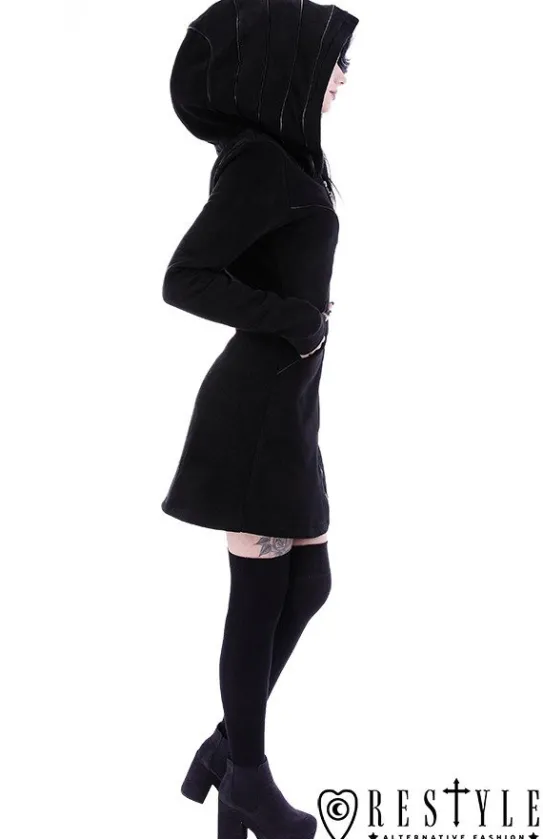 Długa czarna bluza z obszernym kapturem, księżyc, płaszczyk "LAYERED HOODIE"-Restyle Discount