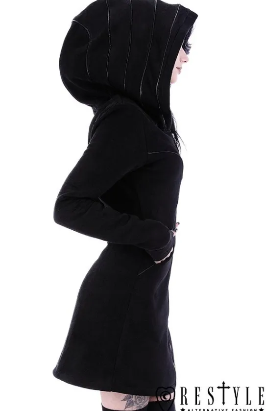 Długa czarna bluza z obszernym kapturem, księżyc, płaszczyk "LAYERED HOODIE"-Restyle Discount