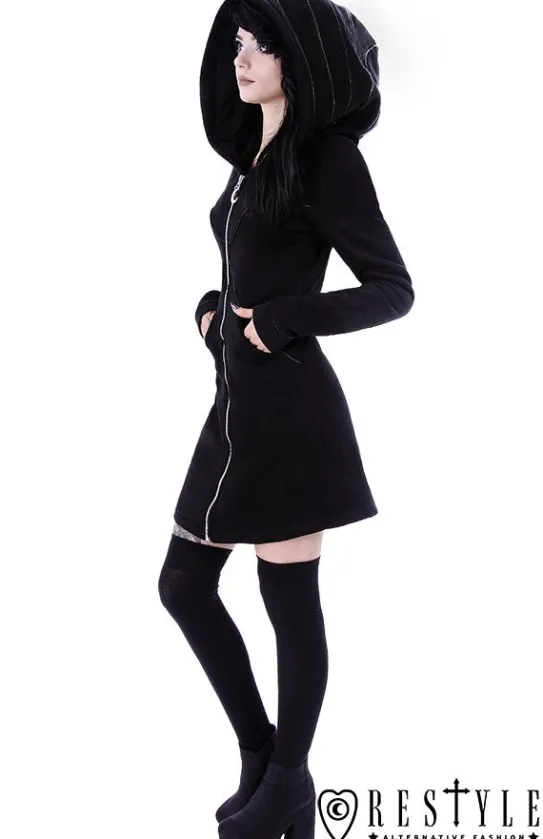 Długa czarna bluza z obszernym kapturem, księżyc, płaszczyk "LAYERED HOODIE"-Restyle Discount