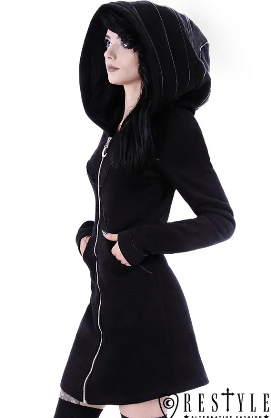 Długa czarna bluza z obszernym kapturem, księżyc, płaszczyk "LAYERED HOODIE"-Restyle Discount