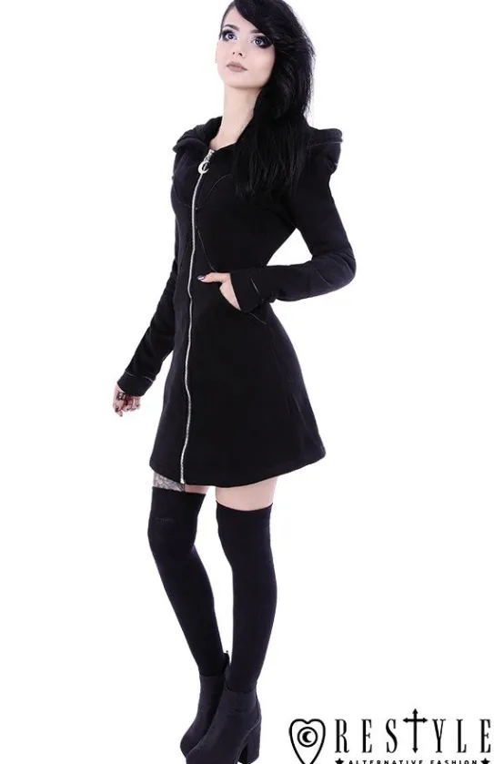 Długa czarna bluza z obszernym kapturem, księżyc, płaszczyk "LAYERED HOODIE"-Restyle Discount