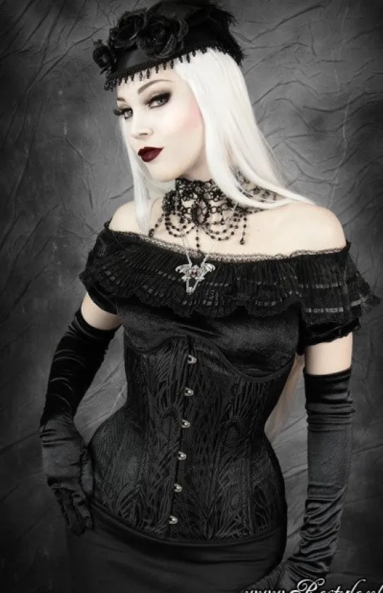 Gorset wyszczuplający talię czarny, longline, żakardowy, underbust „BLACK PEACOCK”-Restyle Discount