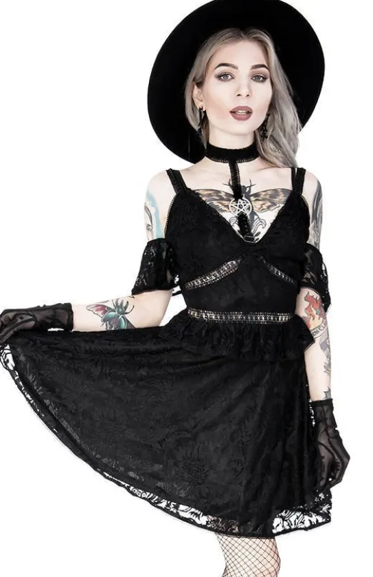 Gotycka koronkowa sukienka z obrożą i pentagramem-Restyle Fashion