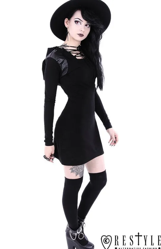Gotycka, sznurowana sukienka, odpinany kaptur "ARMOR DRESS"-Restyle Hot