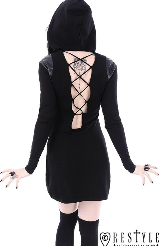 Gotycka, sznurowana sukienka, odpinany kaptur "ARMOR DRESS"-Restyle Hot
