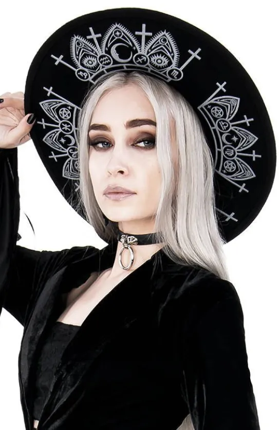 Gotycki Czarny kapelusz wełna FORTUNE TELLER szerokim rondem-Restyle Best