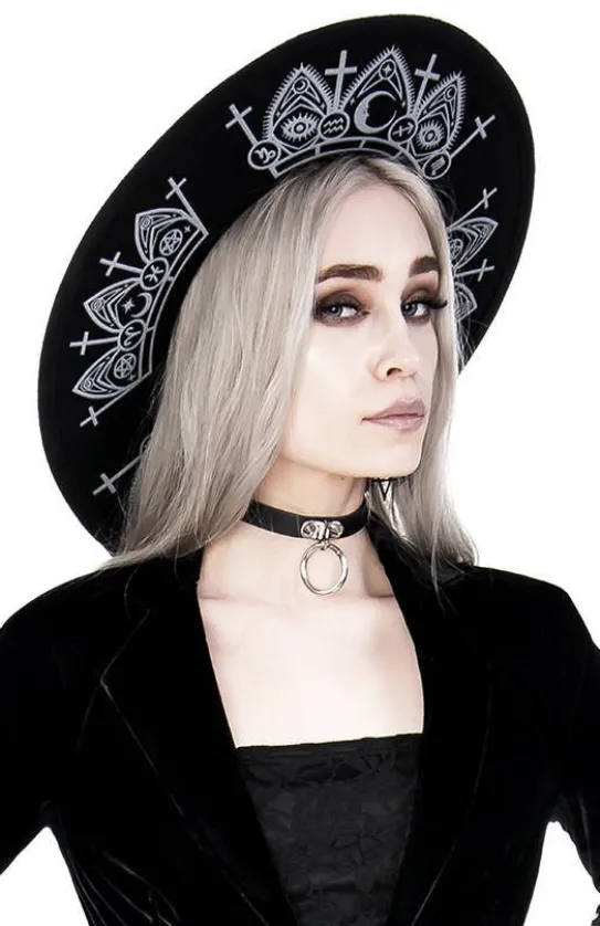 Gotycki Czarny kapelusz wełna FORTUNE TELLER szerokim rondem-Restyle Best