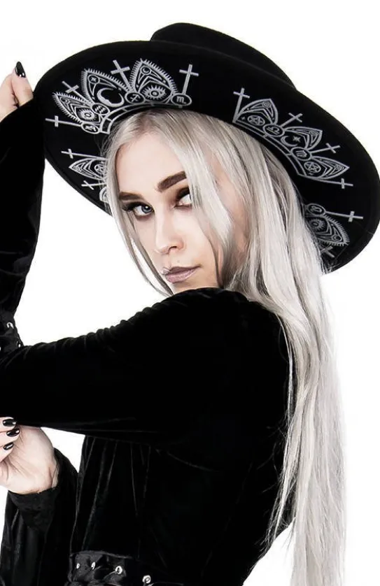 Gotycki Czarny kapelusz wełna FORTUNE TELLER szerokim rondem-Restyle Best