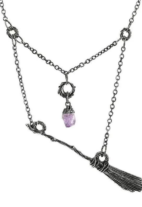Gotycki srebrny wisior czarownicy miotła BROOMSTICK-Restyle New