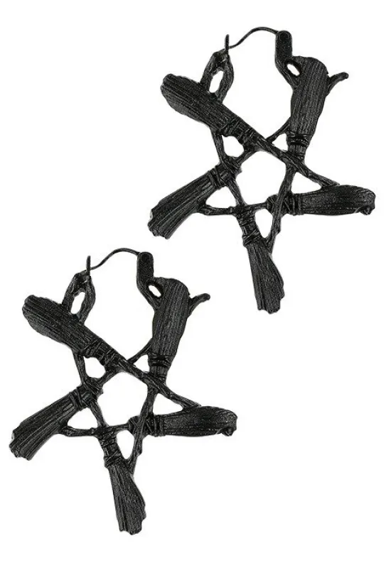 Gotyckie czarne kolczyki miotły BROOM PENTAGRAM-Restyle Fashion