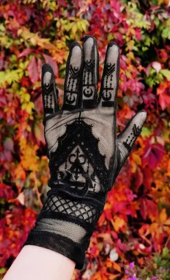 Gotyckie rękawiczki z siateczki z wzorem mehendi, księżyce "Henna Gloves"-Restyle Outlet