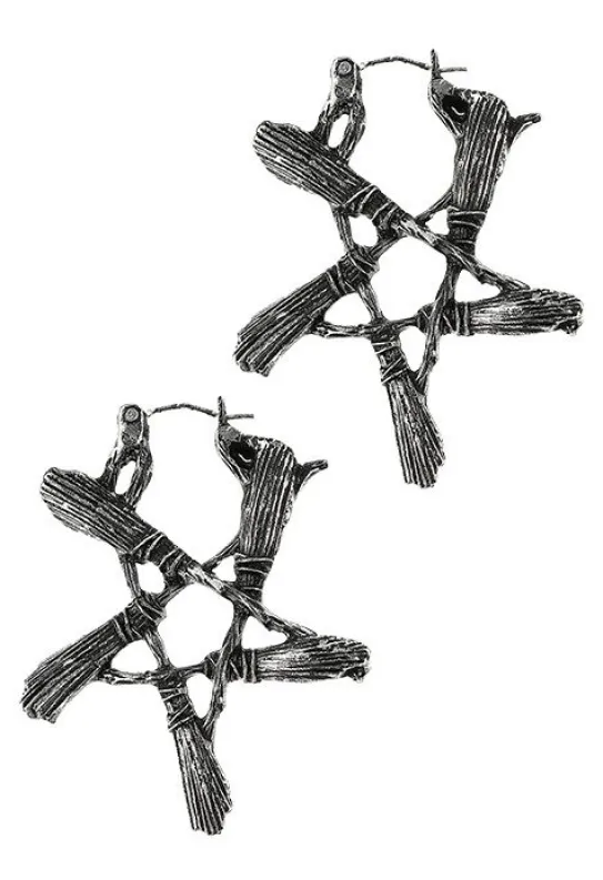 Gotyckie srebrne kolczyki Miotły czarownicy BROOM PENTAGRAM-Restyle Online