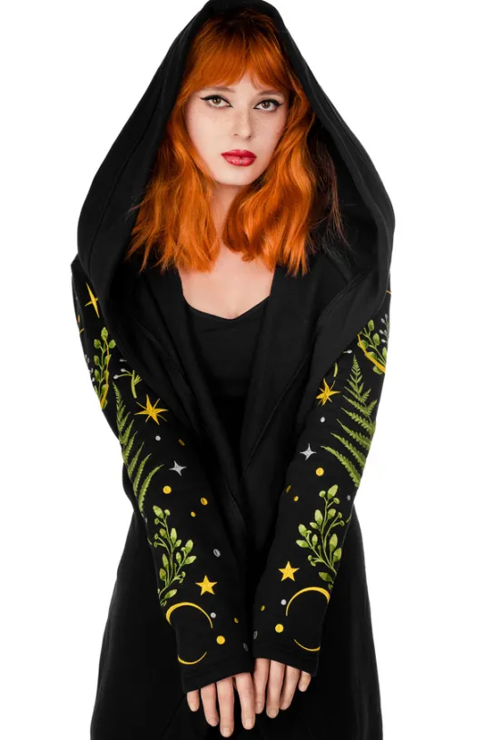 HERBAL HOODIE haft paproć i księżyc Długa, gotycka bluza z paprocią-Restyle Sale