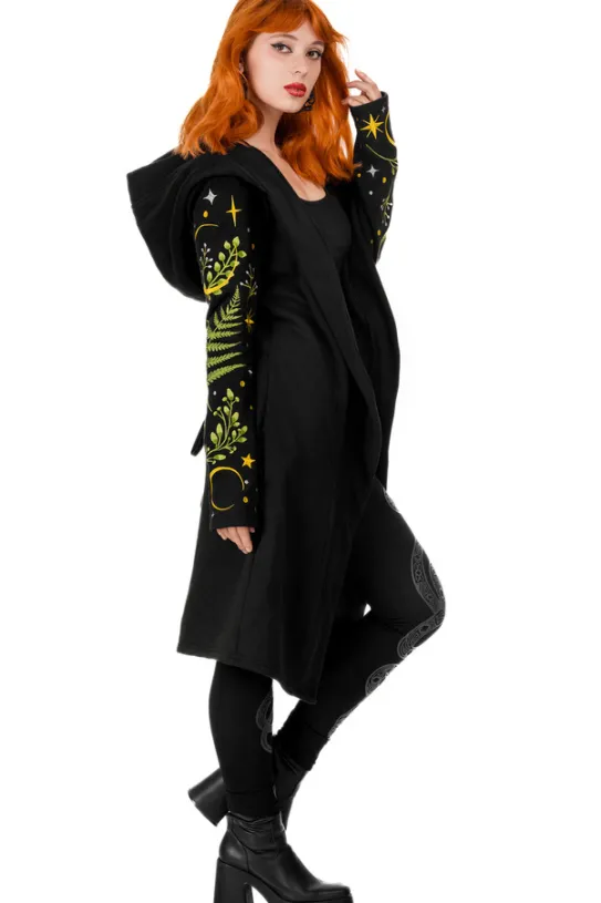 HERBAL HOODIE haft paproć i księżyc Długa, gotycka bluza z paprocią-Restyle Sale