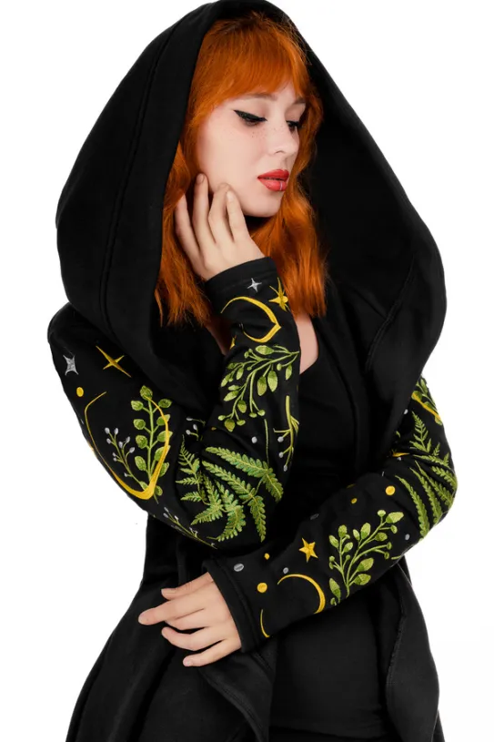 HERBAL HOODIE haft paproć i księżyc Długa, gotycka bluza z paprocią-Restyle Sale