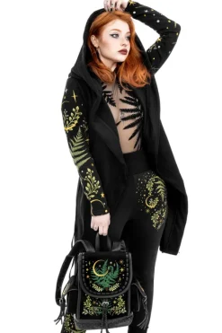 HERBAL HOODIE haft paproć i księżyc Długa, gotycka bluza z paprocią-Restyle Sale