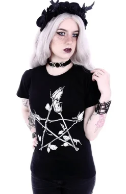 Klasyczny damski t-shirt z pentagramem z różami