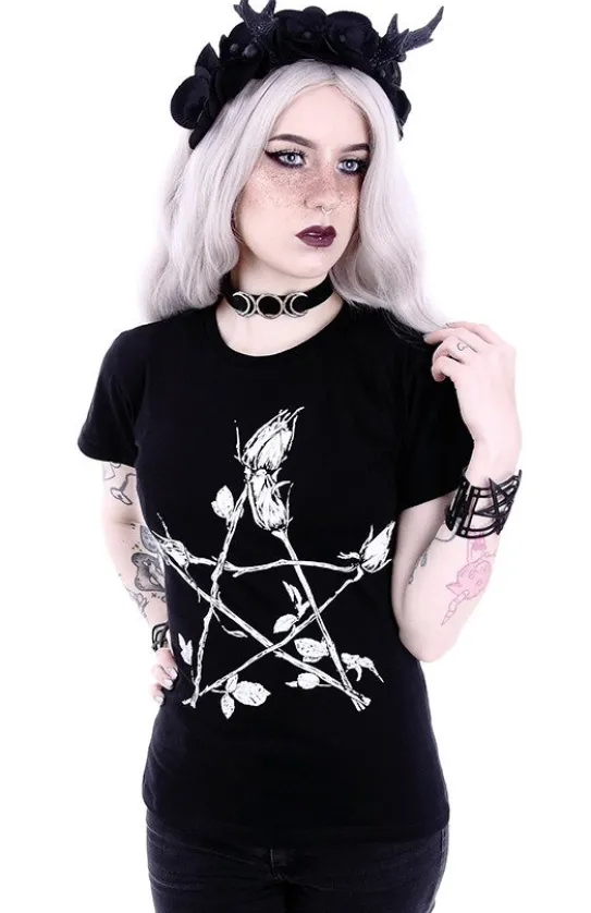 Klasyczny damski t-shirt z pentagramem z różami "ROSE PENTAGRAM"-Restyle Fashion