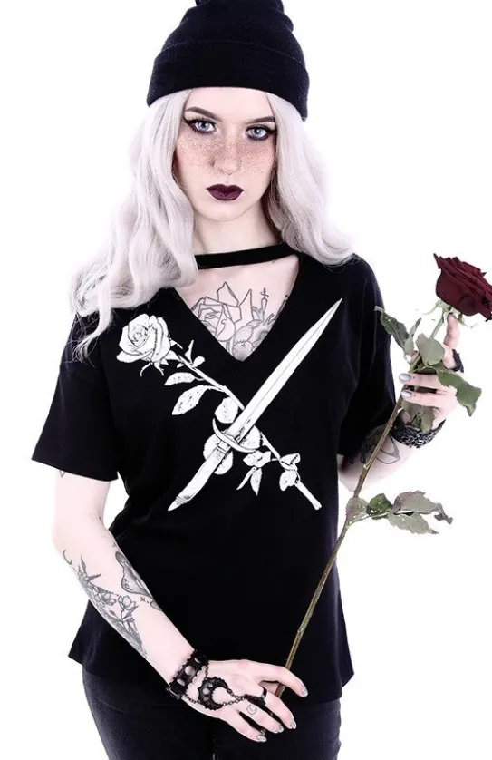 Koszulka z Różą i sztyletem V-neck z chokerem "STAY SHARP"-Restyle Clearance