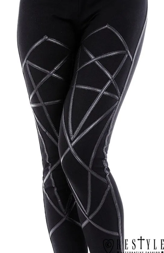 Legginsy, gotyckie getry bawełniane z pentagramami harness "PENTAGRAM LEGGINGS"-Restyle Online
