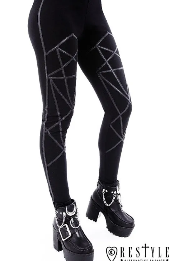 Legginsy, gotyckie getry bawełniane z pentagramami harness "PENTAGRAM LEGGINGS"-Restyle Online