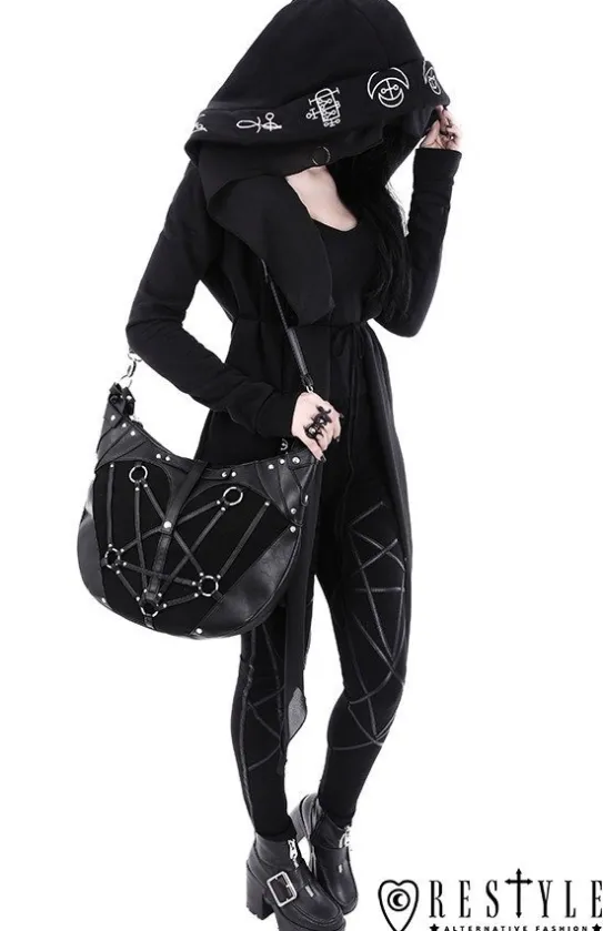 Legginsy, gotyckie getry bawełniane z pentagramami harness "PENTAGRAM LEGGINGS"-Restyle Online