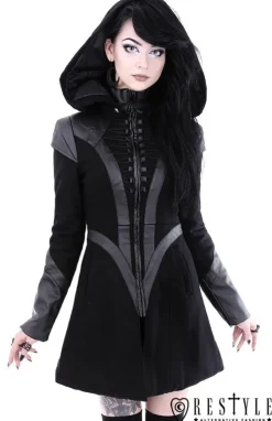 Rozkloszowany zimowy płaszcz, odpinany kaptur "FUTURE GOTH COAT"-Restyle Sale
