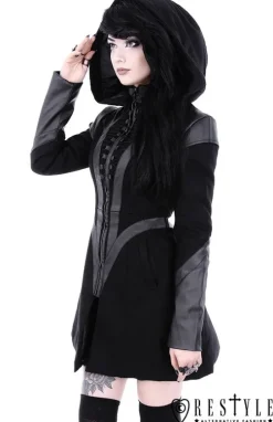 Rozkloszowany zimowy płaszcz, odpinany kaptur "FUTURE GOTH COAT"-Restyle Sale