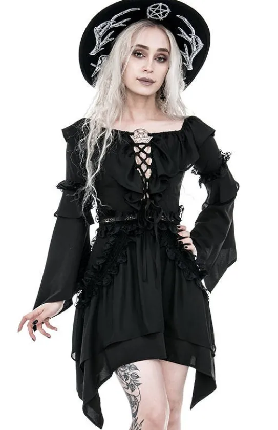 Sukienka gotycka BARDOT DRESS z falbanami i wiązaniem-Restyle Sale