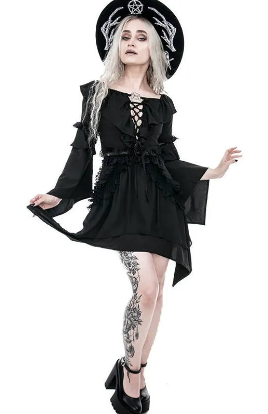Sukienka gotycka BARDOT DRESS z falbanami i wiązaniem-Restyle Sale