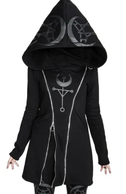 TWIN MOON HOODIE czarna gotycka bluza z dwoma suwakami i nadrukiem-Restyle New