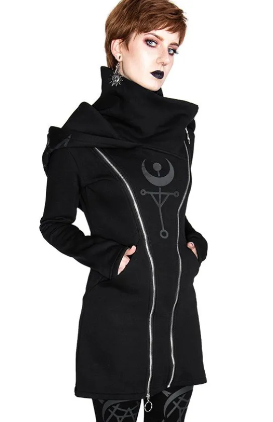 TWIN MOON HOODIE czarna gotycka bluza z dwoma suwakami i nadrukiem-Restyle New