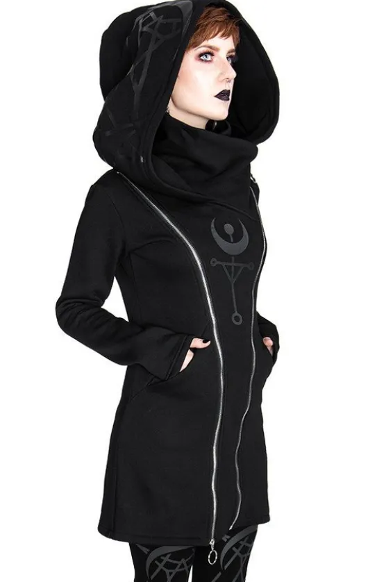 TWIN MOON HOODIE czarna gotycka bluza z dwoma suwakami i nadrukiem-Restyle New