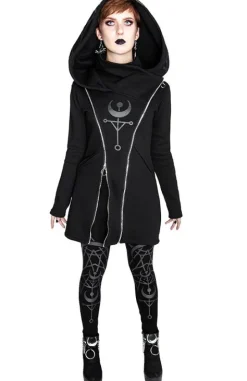 TWIN MOON HOODIE czarna gotycka bluza z dwoma suwakami i nadrukiem-Restyle New