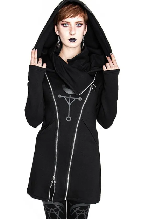 TWIN MOON HOODIE czarna gotycka bluza z dwoma suwakami i nadrukiem-Restyle New