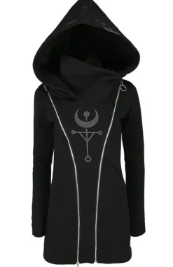 TWIN MOON HOODIE czarna gotycka bluza z dwoma suwakami i nadrukiem-Restyle New