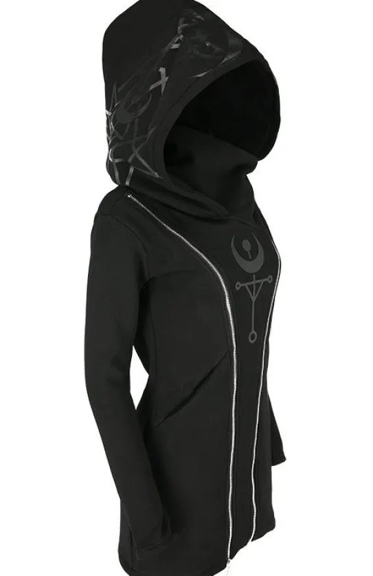 TWIN MOON HOODIE czarna gotycka bluza z dwoma suwakami i nadrukiem-Restyle New