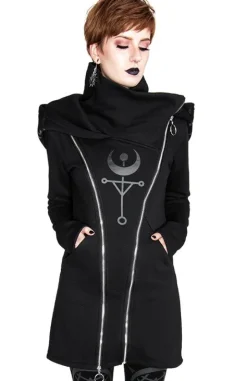 TWIN MOON HOODIE czarna gotycka bluza z dwoma suwakami i nadrukiem-Restyle New