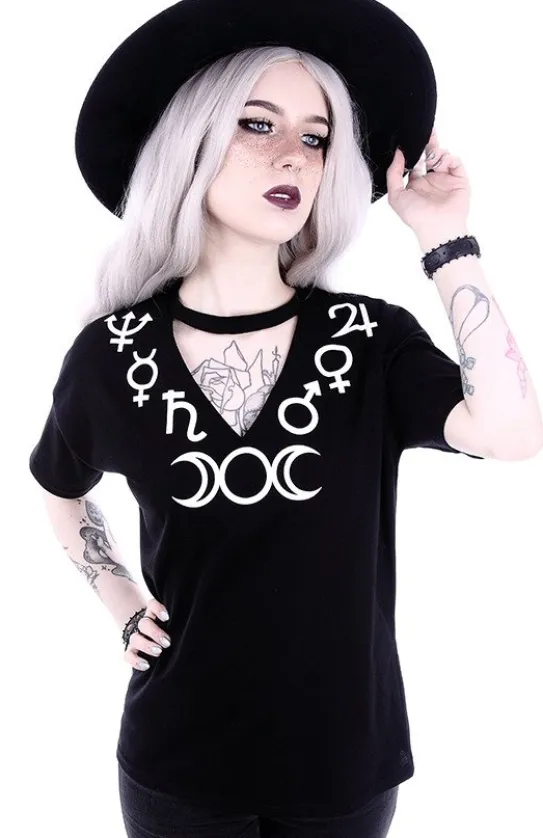 V-neck z chokerem gotycka koszulka z symbolami "SYMBOLS"-Restyle New