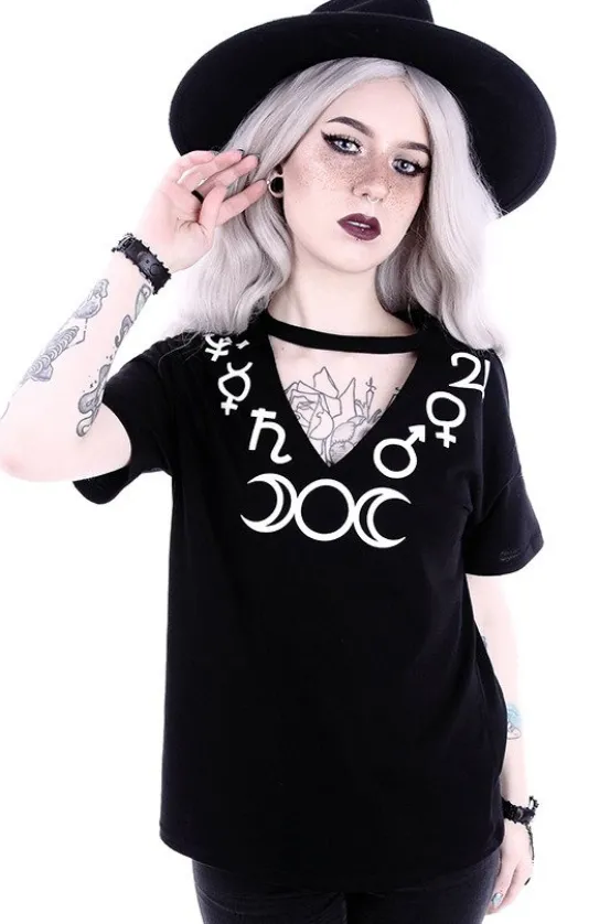 V-neck z chokerem gotycka koszulka z symbolami "SYMBOLS"-Restyle New